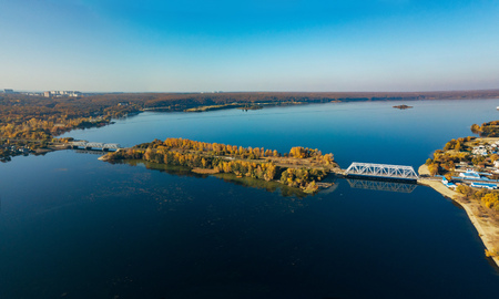 Aerial view of railway bridge over Voronezh river.の写真素材