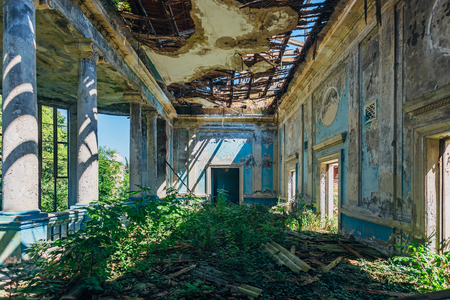 Ruined mansion hall interior overgrown by plants. Nature and abandoned architecture, green post-apocalyptic concept.の写真素材