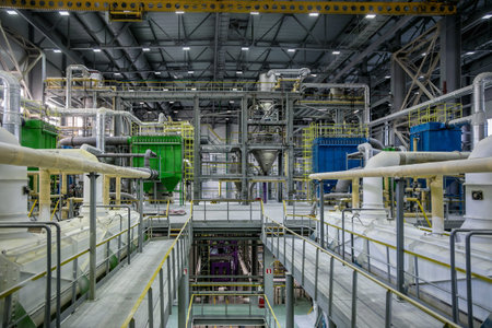 Inside modern Chemical factory. Thermoplastic production line. Industrial equipment, cables, vats...