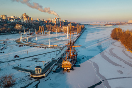 Evening Voronezh, aerial view. Admiralteiskaya embankment, monument of first Russian ship.の写真素材