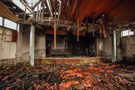 Dark creepy interior ruined collapsed abandoned  stage or cinema theater.