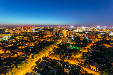 Night Voronezh aerial summer cityscape from rooftop. Residential area.の写真素材
