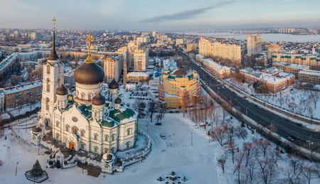 Evening winter Voronezh. Annunciation Cathedral about Christmas eve. Aerial panoramic view from droneの写真素材