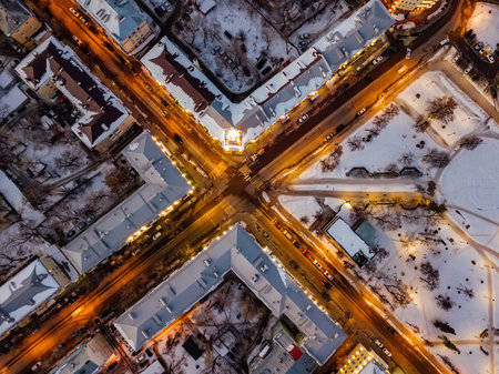 Road intersection, top view, winter night, Voronezh, Russia.