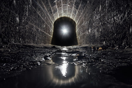 Old vaulted flooded round underground drainage sewer tunnel with dirty sewage water