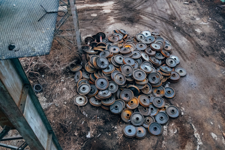 Old rusty disused train wheels, top viewの写真素材