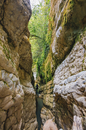 Narrow mountain river canyon in mountain gorge.の写真素材