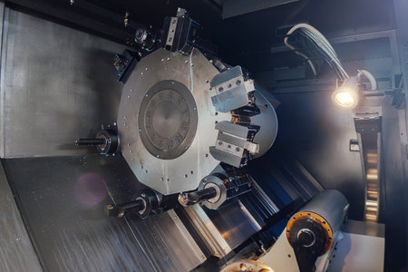 Turret head of CNC lathe tool. Rotating part for working tool change, close up.