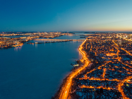Night winter Voronezh, aerial view from drone.の写真素材