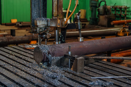 Working cutting machine with metal shavings, close up.