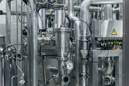 Industrial stainless steel pipes connected with vats and control valves.
