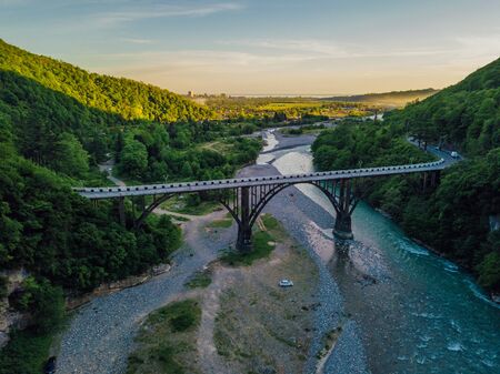 Aerial view of stone bridge over gorge of river Gumista, Abkhazia.の写真素材