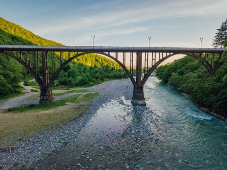 Aerial view of stone bridge over gorge of river Gumista, Abkhazia.の写真素材