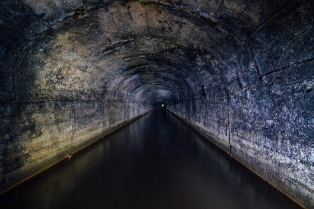Dark flooded concrete vaulted drainage mine tunnel.