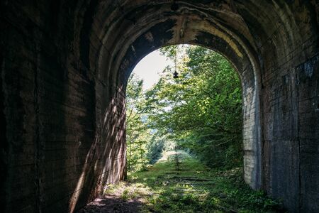 Light at the end of abandoned railroad tunnel. Overgrown railway.の写真素材
