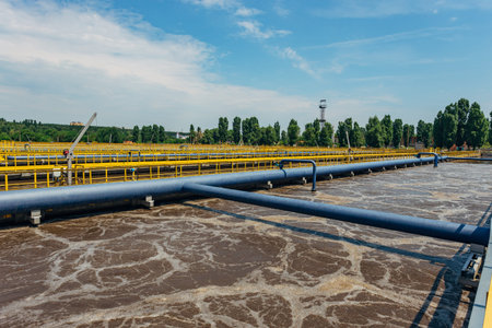 Modern wastewater treatment plant. Tanks for aeration and biological purification of sewage by using...
