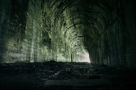 Light at the end of abandoned railroad tunnel. Overgrown railway.