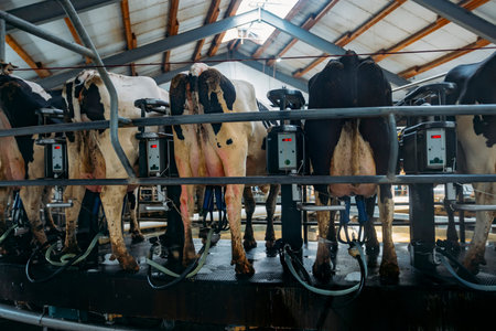 Milking cows by automatic industrial milking rotary system in modern diary farm.