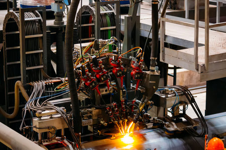 Longitudinal tack welding machine for welding of outer seam of steel pipe, close up.