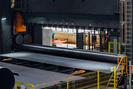 Pipe formation by using roll bending machine, close up.
