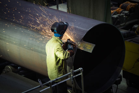 Worker cleans welded seam on steel pipe using grinding machine in metalwork workshop.