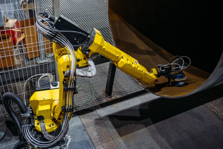 Robotic mark system marking  pipe in factory.