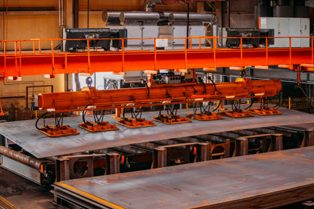 Overhead crane with vacuum handling grippers lifting iron sheets.