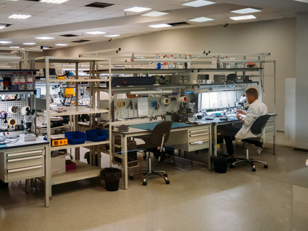 Engineer repairs electronic equipment in service center.
