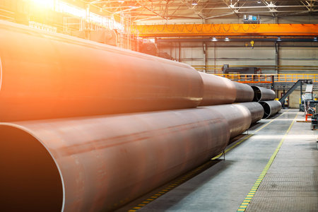 Steel pipes for water or gas pipeline construction in warehouse