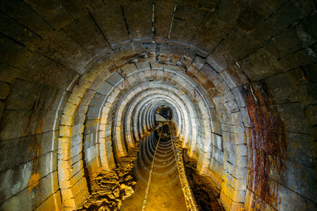 Dark creepy dirty flooded abandoned mine tunnel with remnants of rusty railway