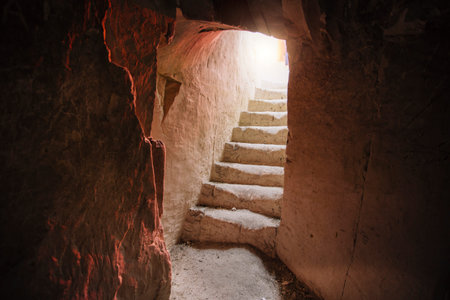 Stairs in old underground chalky cave monastery