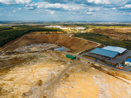 City dump. Aerial view of urban solid waste landfill.