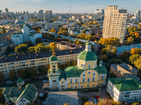 Evening autumn Voronezh, aerial view from drone. Church of Resurection.
