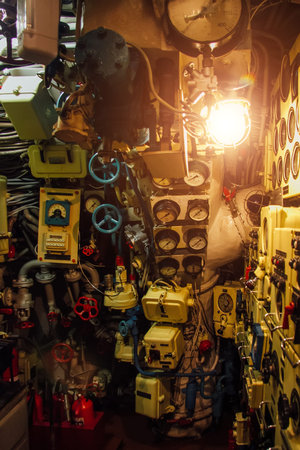 Dashboard, valves and appliances in old decommissioned Russian diesel submarine.