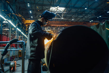 Worker in protective mask grinding pipe after welding.