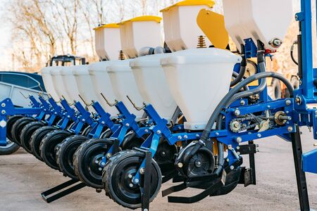 Agriculture machinery. Working parts of modern pneumatic agricultural seeder.の写真素材