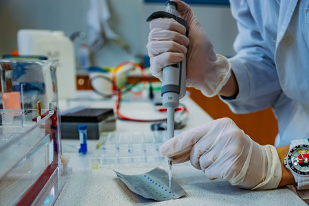 Scientist puts samples of of DNA fragments on foil for electrophoresis using pipette.