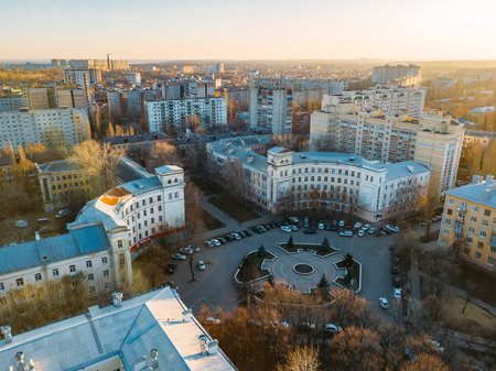 Panorama of historical architectural ensemble of Voronezh, aerial view.