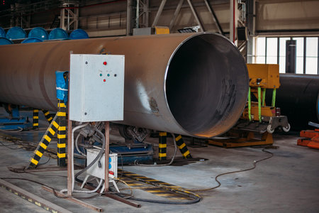 Pipe factory production line, pipe on roller conveyor.