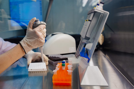 Scientist puts samples of of DNA fragments for electrophoresis using pipette.