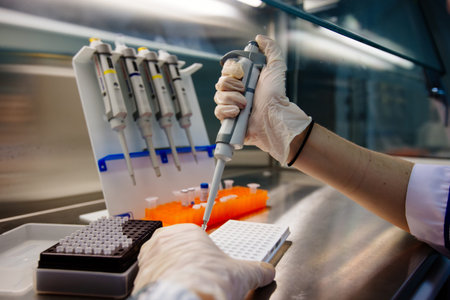 Scientist puts samples of of DNA fragments for electrophoresis using pipette.