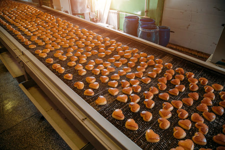 Baking production line. Cookies in form of hearts after glaze coating on conveyor.