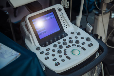 Modern ultrasound machine in clinic laboratory of sonography diagnostics.