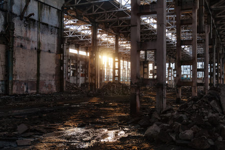 Sunlight of sunset in large abandoned industrial building of Voronezh excavator factory.