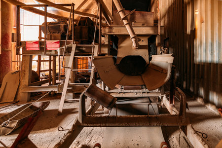 Old dirty dusty abandoned cement factory with remnant of equipment.