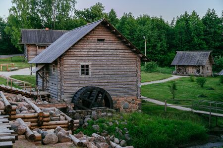 Old wooden watermill in Russian villageの写真素材