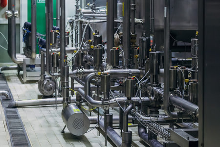 Industrial steel vats connected by pipeline.