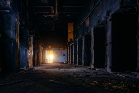 Burnt interior of industrial building or warehouse. Consequences of fire.の写真素材