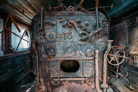 Old steam engine of abandoned steam locomotive Inside driving cabin.
