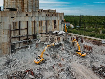 Aerial view of demolition site. Process of demolition of old industrial buildingの写真素材